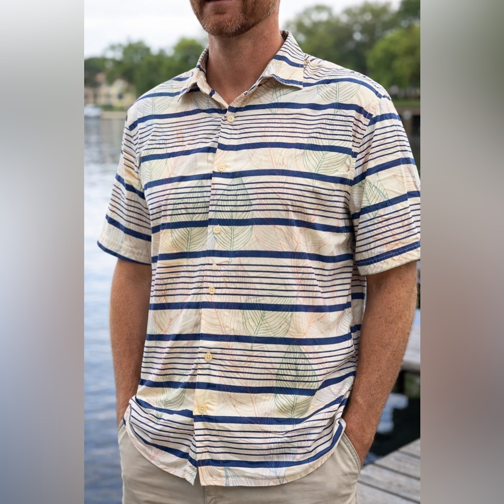 Tommy Bahama Men’s XXL Silk Button-Up Shirt Tropical Leaf Stripe